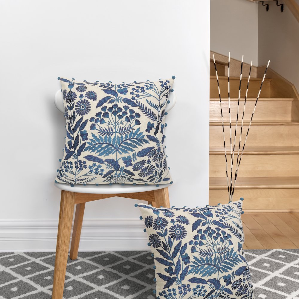 Hand-stitched White/Blue Floral/Botanical All-Natural Cotton  Pillow Cover
