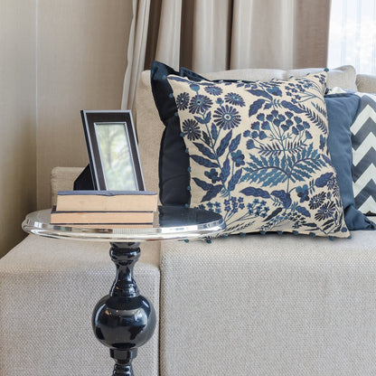 Hand-stitched White/Blue Floral/Botanical All-Natural Cotton  Pillow Cover