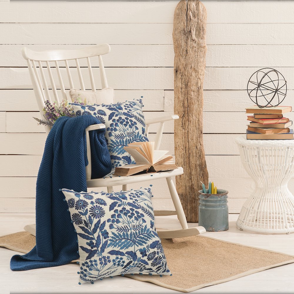 Hand-stitched White/Blue Floral/Botanical All-Natural Cotton  Pillow Cover