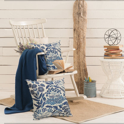 Hand-stitched White/Blue Floral/Botanical All-Natural Cotton  Pillow Cover