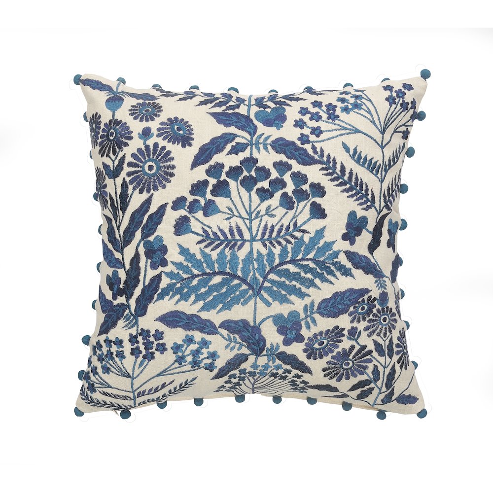 Hand-stitched White/Blue Floral/Botanical All-Natural Cotton  Pillow Cover