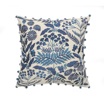 Hand-stitched White/Blue Floral/Botanical All-Natural Cotton  Pillow Cover