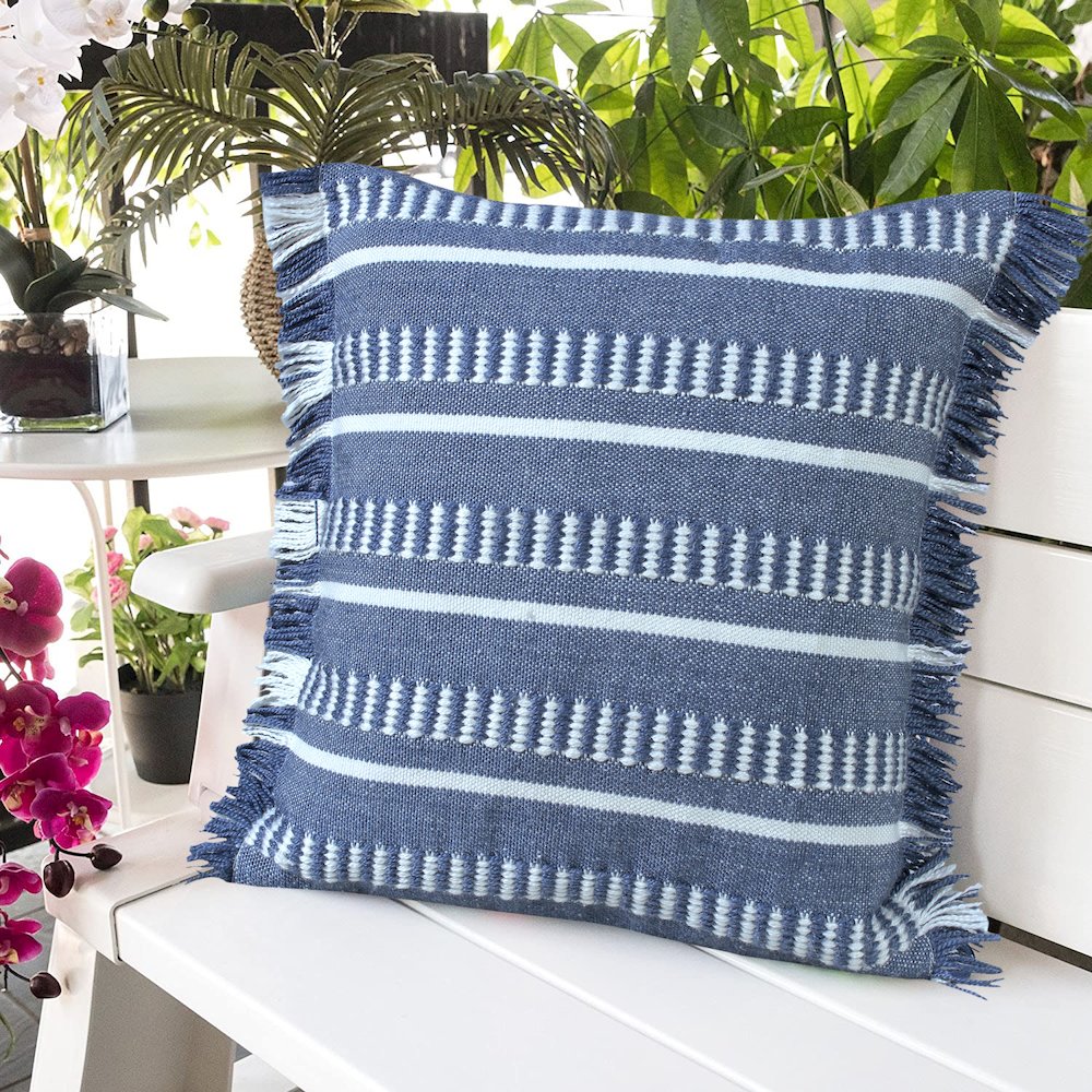 Ox Bay Hand-Woven Blue/White Geometric Resistant Polyester Pillow Cover
