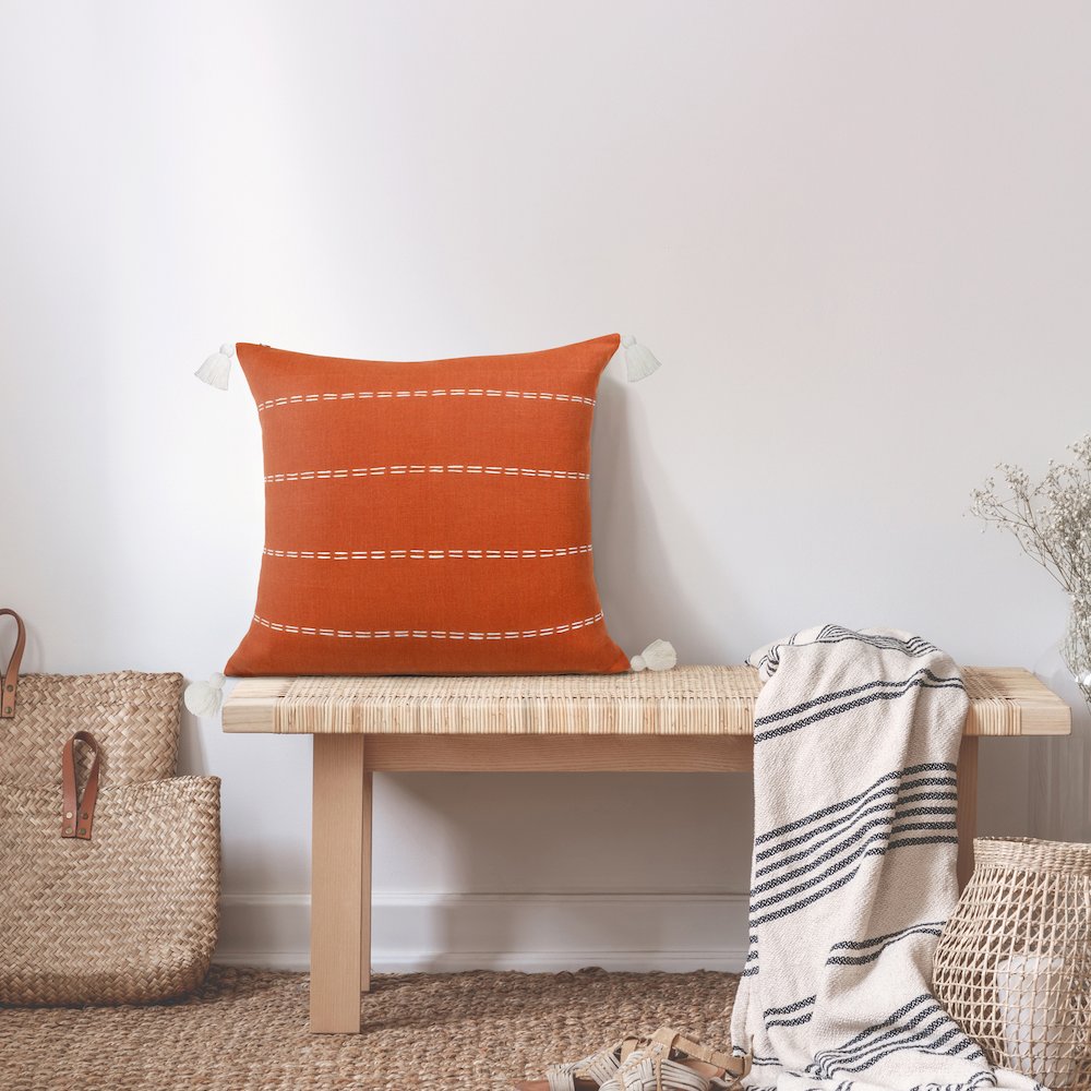 Estate Linen Poly Filled Pillow in Orange/Ivory, 20" x 20"