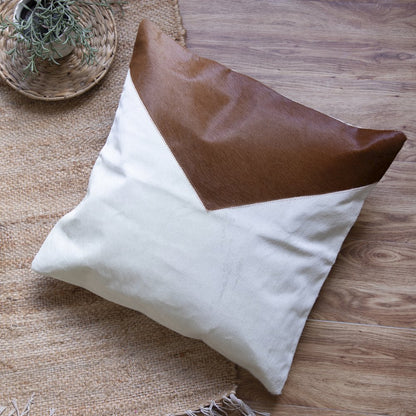 Austin Leather blend Poly Filled Pillow in Ivory/Brown, 20" x 20"