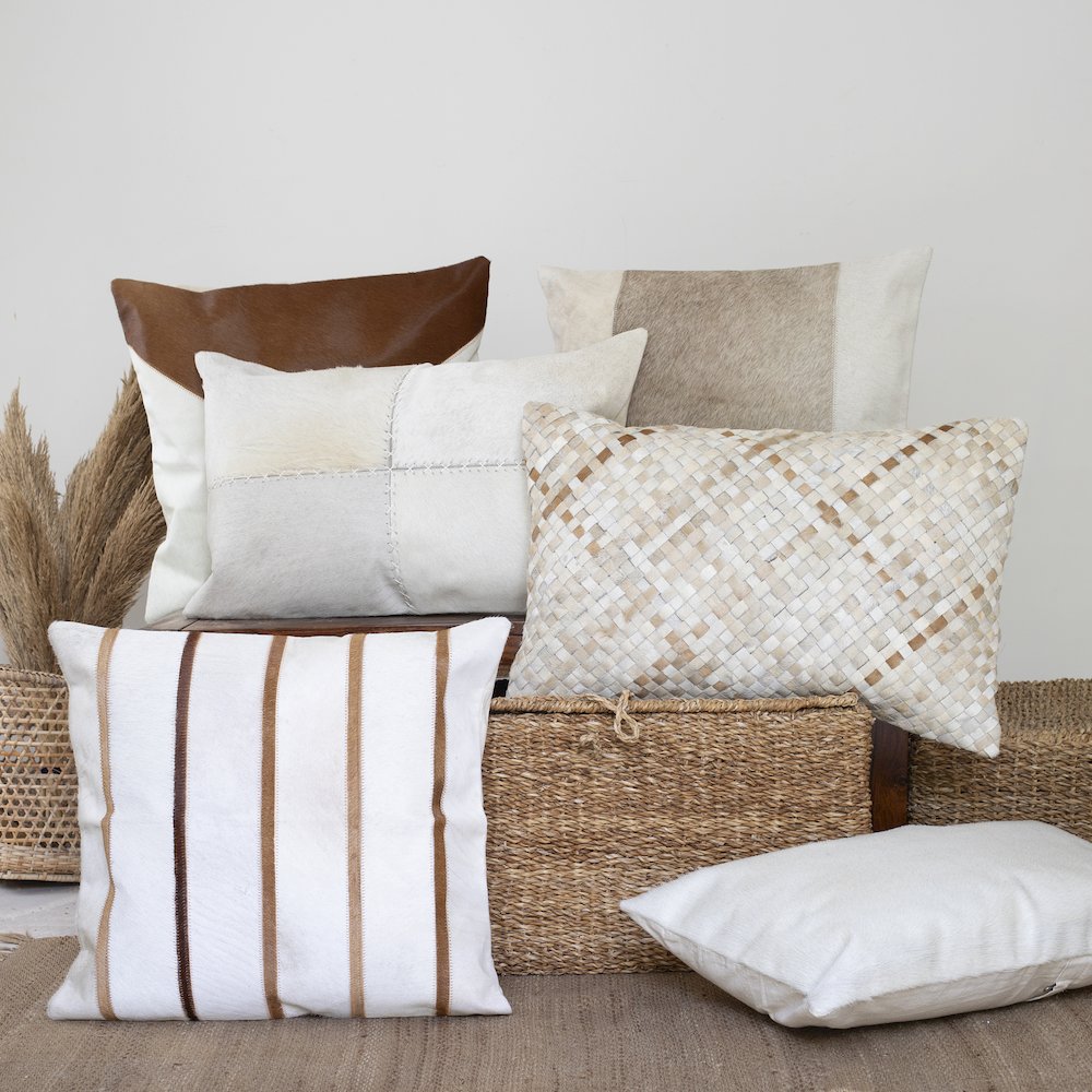 Austin Leather blend Poly Filled Pillow in Ivory/Brown, 20" x 20"