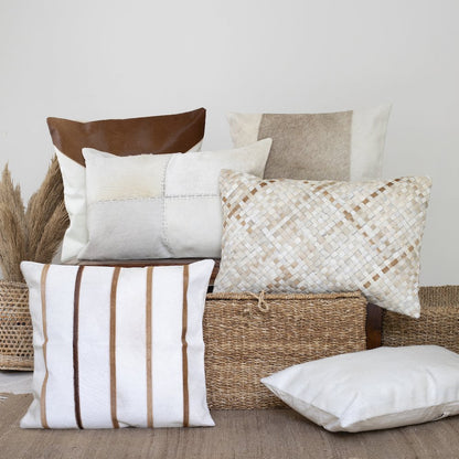 Austin Leather blend Poly Filled Pillow in Ivory/Brown, 20" x 20"
