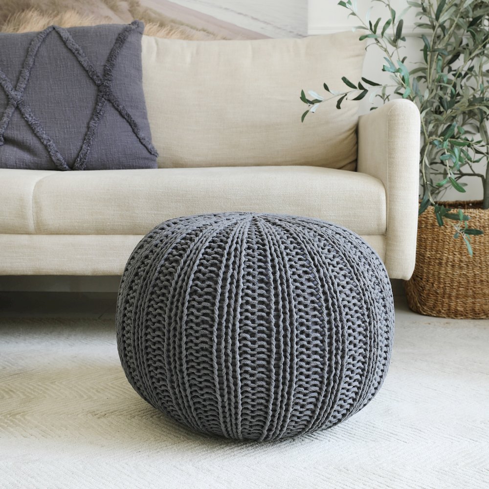 Celtic Cotton Indoor Pouf in Black, 20" x 20" x 16"