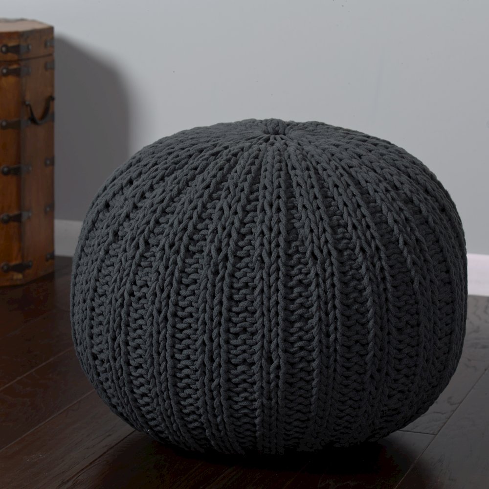 Celtic Cotton Indoor Pouf in Black, 20" x 20" x 16"