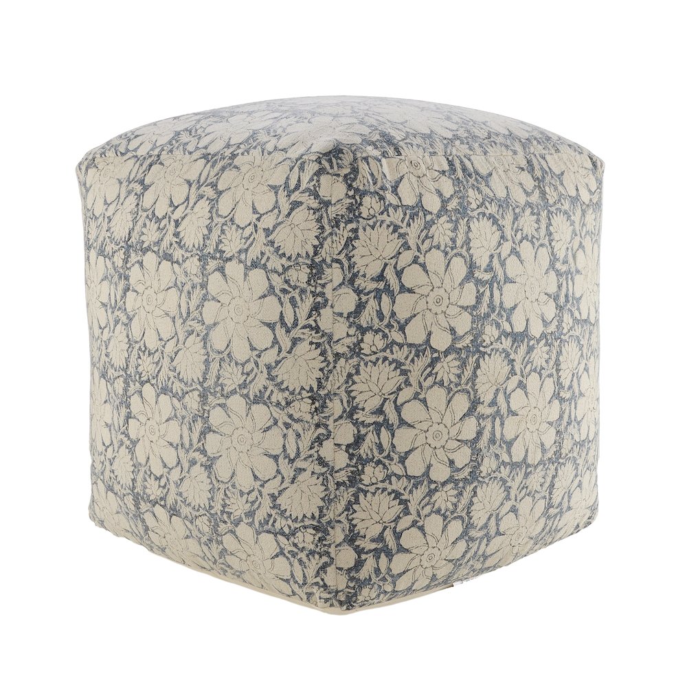 Pacifica Cotton Indoor Pouf in Beige/Blue, 20" x 20" x 20"