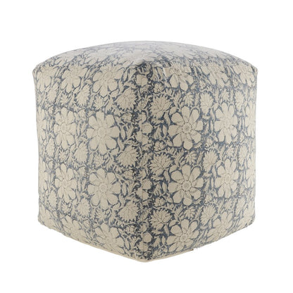 Pacifica Cotton Indoor Pouf in Beige/Blue, 20" x 20" x 20"