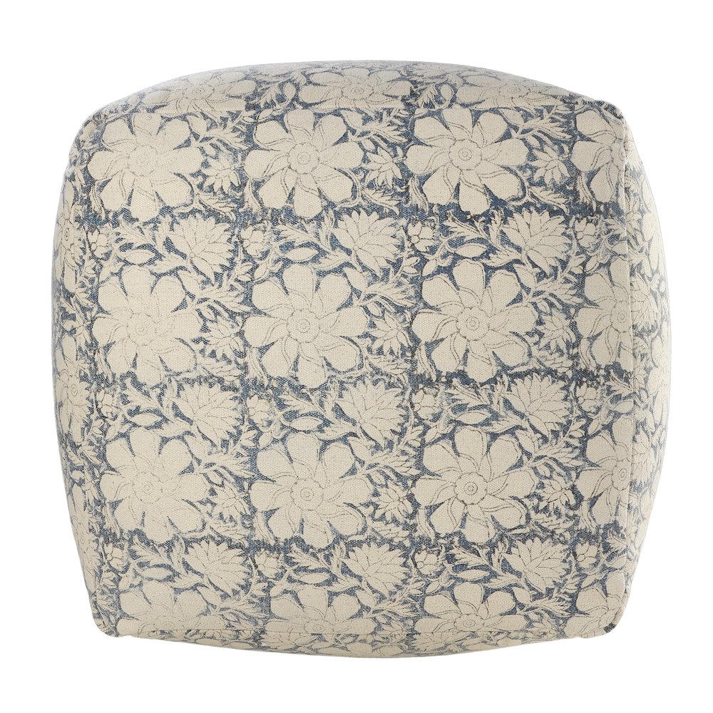Pacifica Cotton Indoor Pouf in Beige/Blue, 20" x 20" x 20"