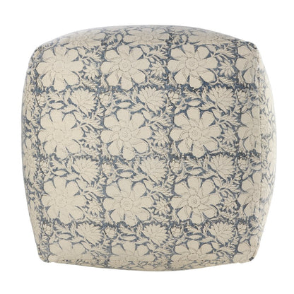 Pacifica Cotton Indoor Pouf in Beige/Blue, 20" x 20" x 20"