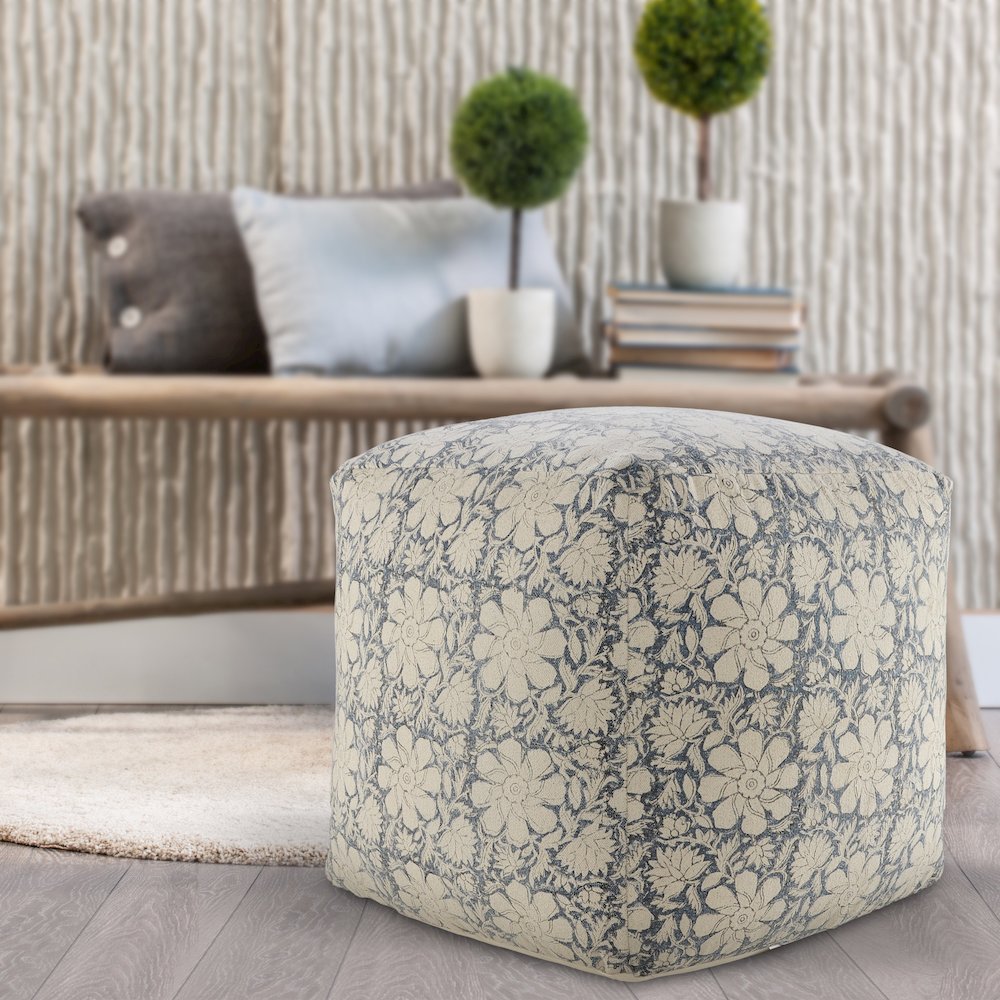 Pacifica Cotton Indoor Pouf in Beige/Blue, 20" x 20" x 20"