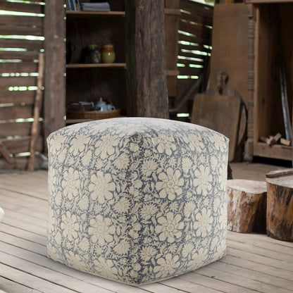 Pacifica Cotton Indoor Pouf in Beige/Blue, 20" x 20" x 20"