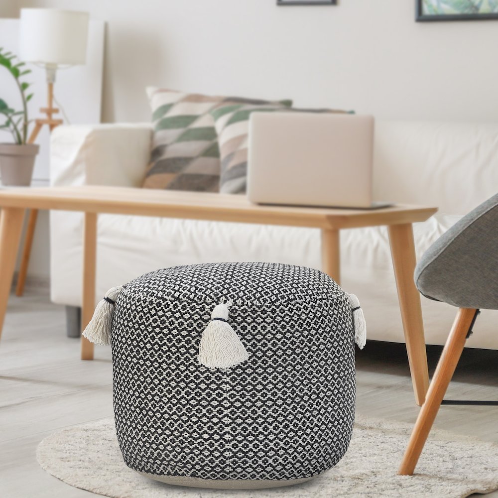 Zadia Cotton Indoor Pouf in Tan/Cream, 18" x 18" x 14"
