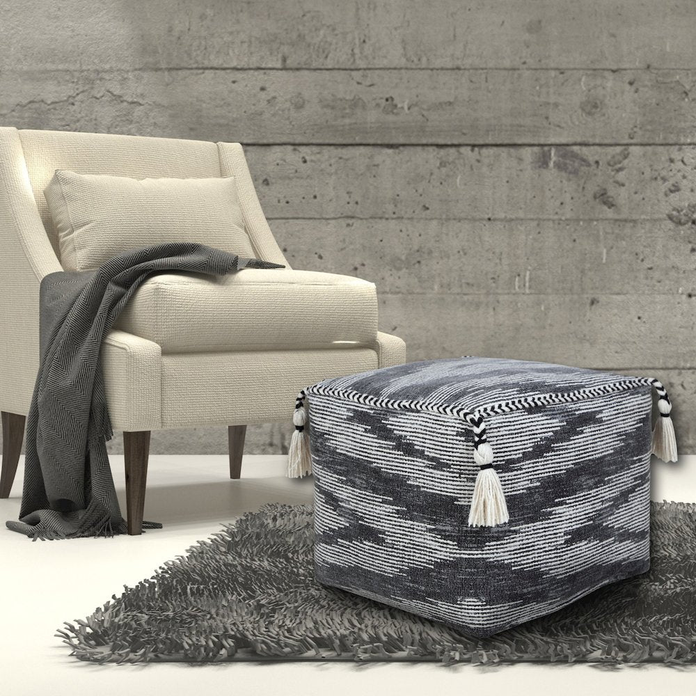 Zadia Cotton Indoor Pouf in Gray/White, 18" x 18" x 14"