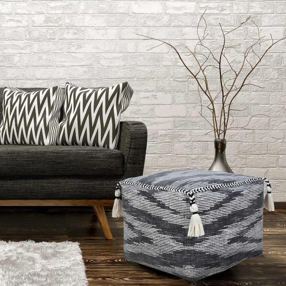 Zadia Cotton Indoor Pouf in Gray/White, 18" x 18" x 14"