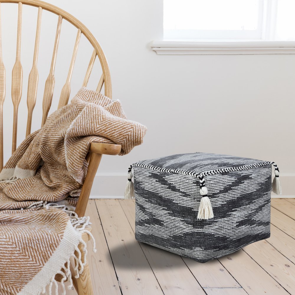 Zadia Cotton Indoor Pouf in Gray/White, 18" x 18" x 14"