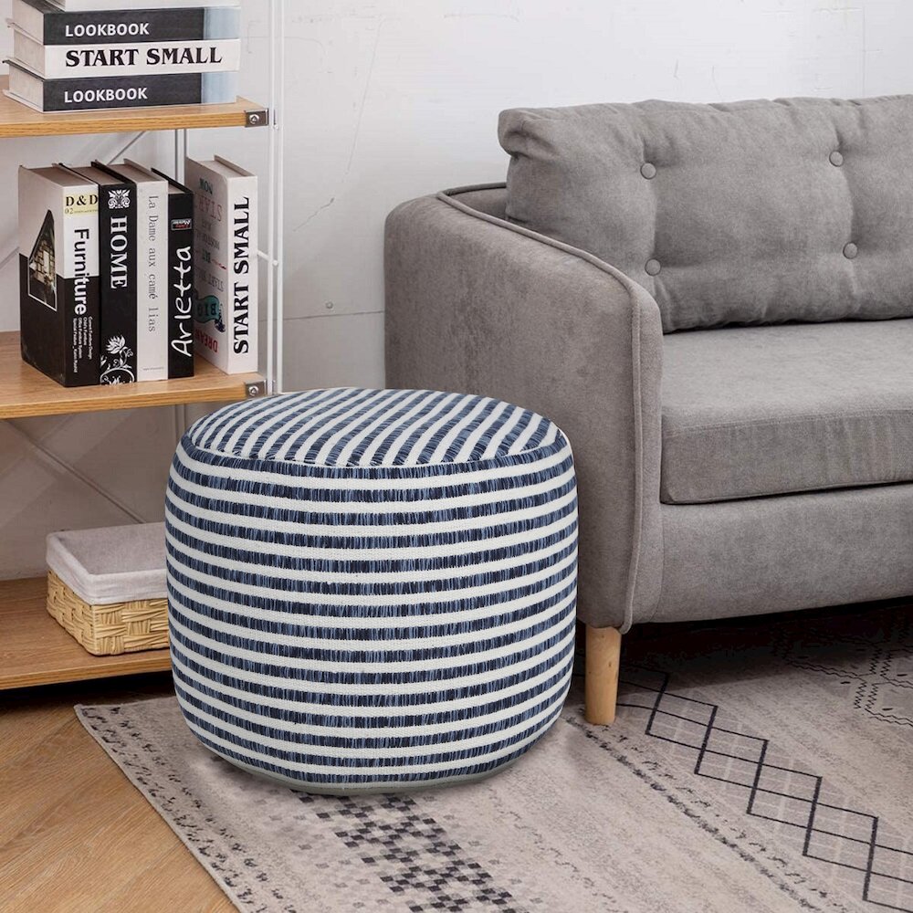 Quincy Cotton Indoor Pouf in Blue/White, 18" x 18" x 14"