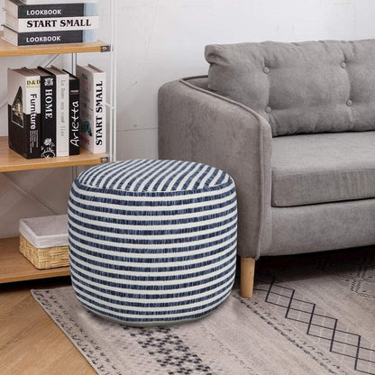 Quincy Cotton Indoor Pouf in Blue/White, 18" x 18" x 14"