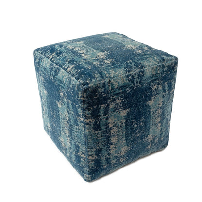 Milano Performance Blend Indoor Pouf in Blue/Ivory, 18" x 18" x 18"