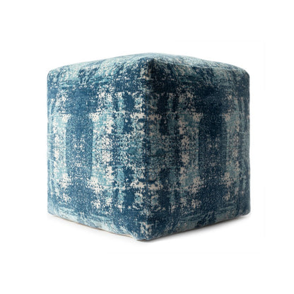 Milano Performance Blend Indoor Pouf in Blue/Ivory, 18" x 18" x 18"