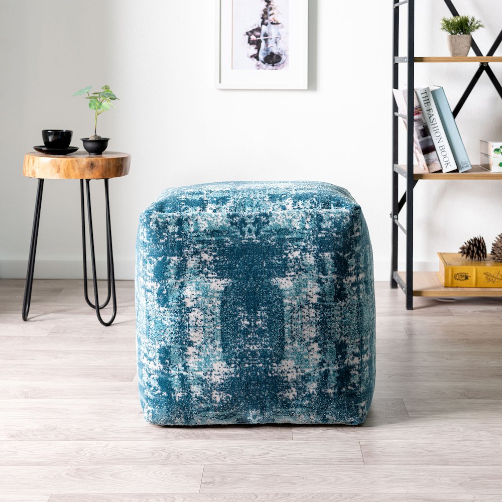 Milano Performance Blend Indoor Pouf in Blue/Ivory, 18" x 18" x 18"