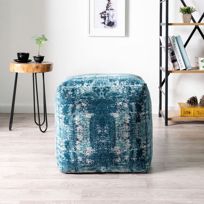 Milano Performance Blend Indoor Pouf in Blue/Ivory, 18" x 18" x 18"