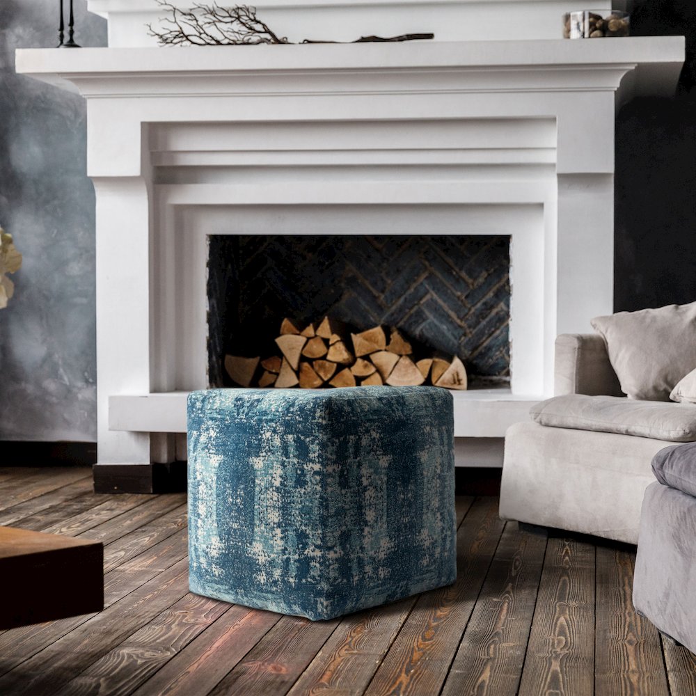 Milano Performance Blend Indoor Pouf in Blue/Ivory, 18" x 18" x 18"