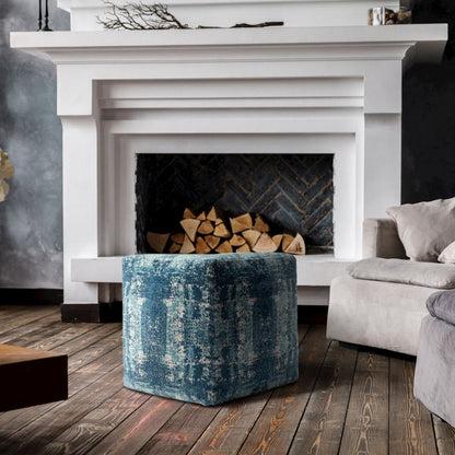 Milano Performance Blend Indoor Pouf in Blue/Ivory, 18" x 18" x 18"
