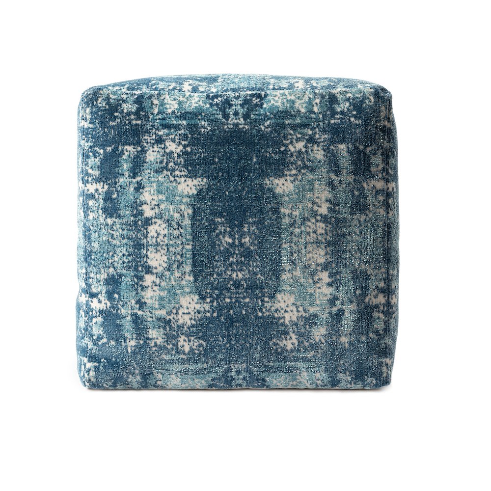 Milano Performance Blend Indoor Pouf in Blue/Ivory, 18" x 18" x 18"