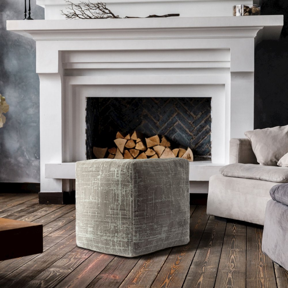 Milano Performance Blend Indoor Pouf in Gray/Ivory, 18" x 18" x 18"