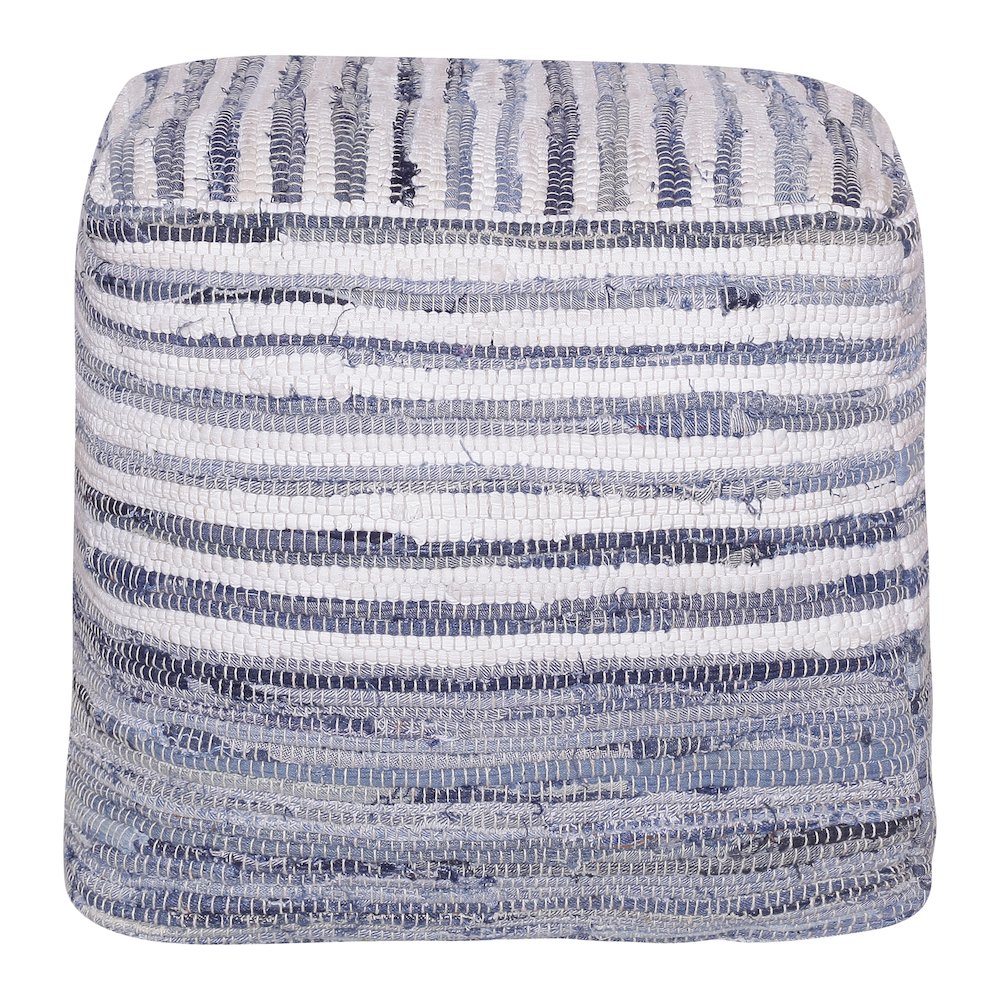 Andros Cotton Indoor Pouf in Blue/White, 18" x 18" x 18"