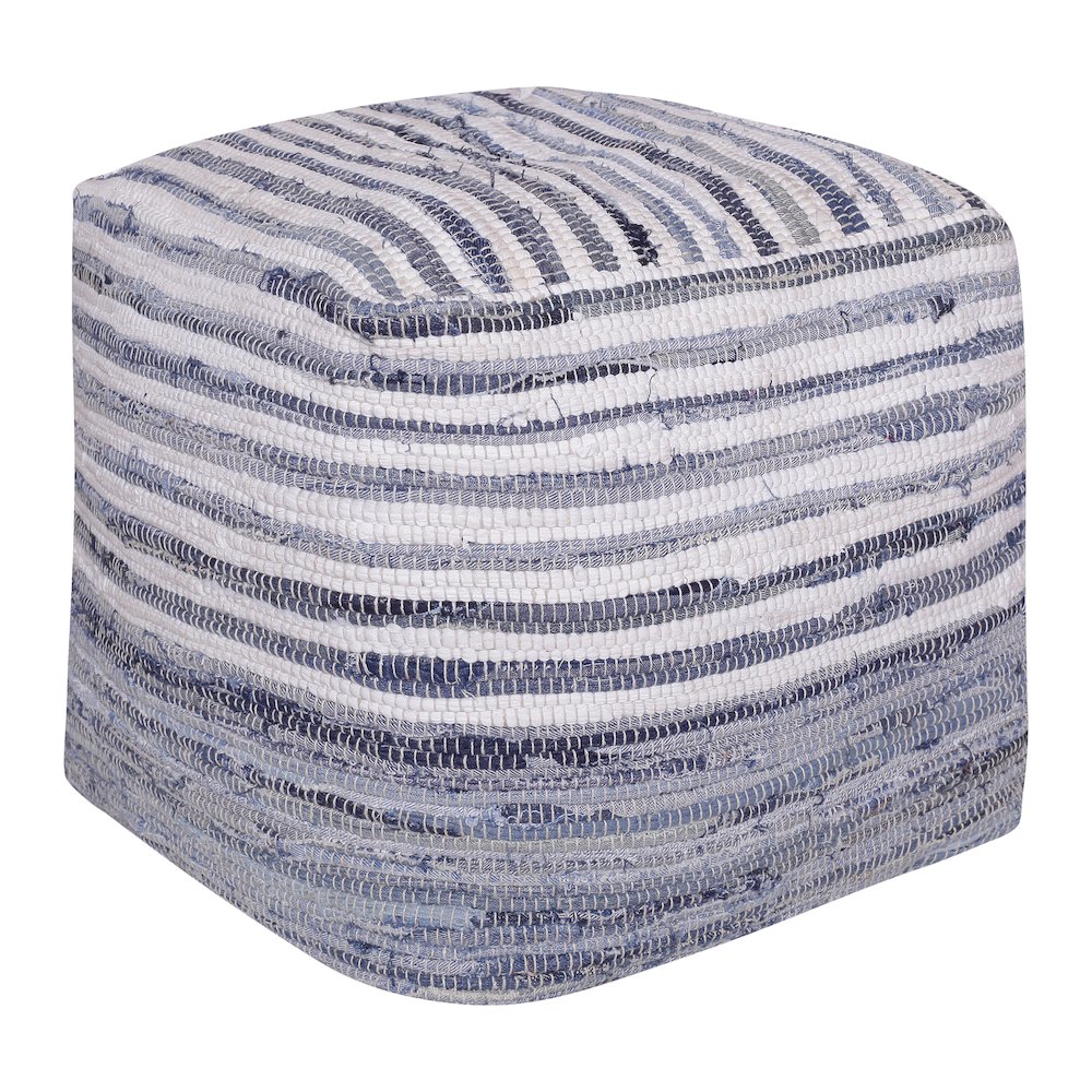 Andros Cotton Indoor Pouf in Blue/White, 18" x 18" x 18"