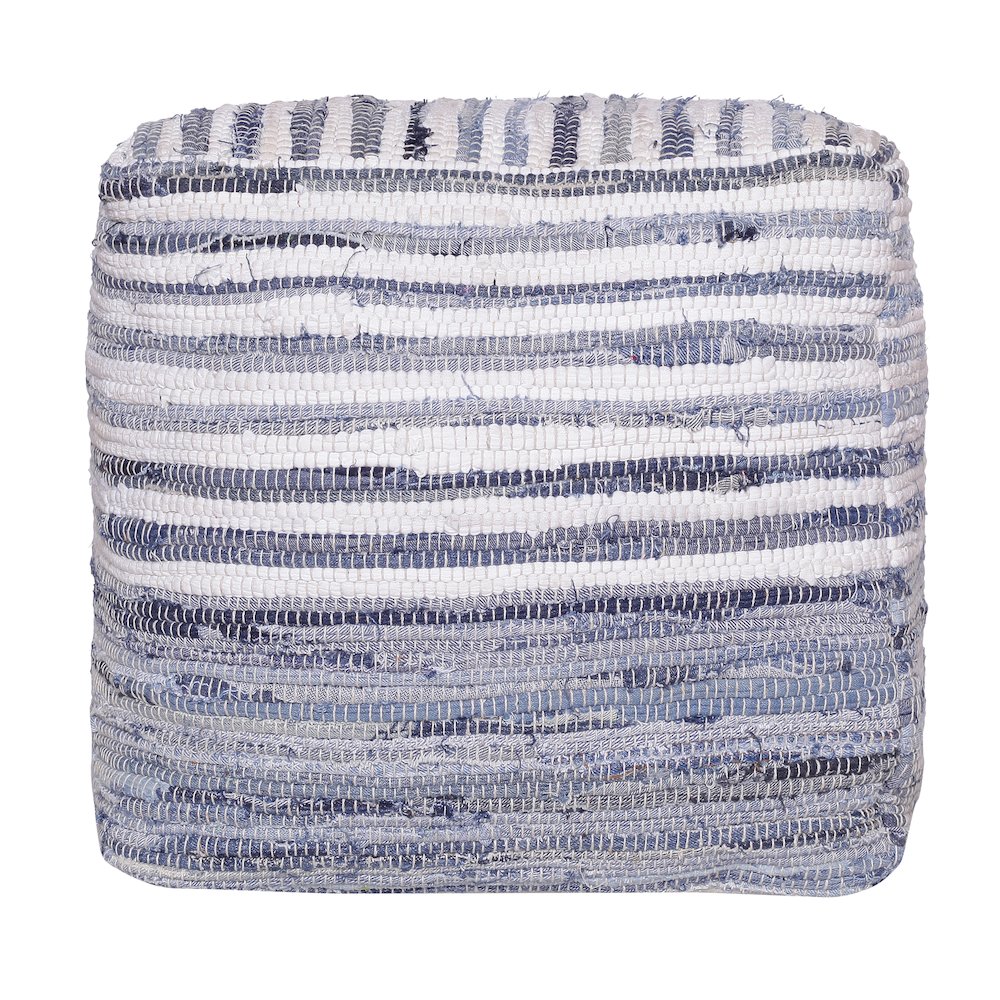 Andros Cotton Indoor Pouf in Blue/White, 18" x 18" x 18"