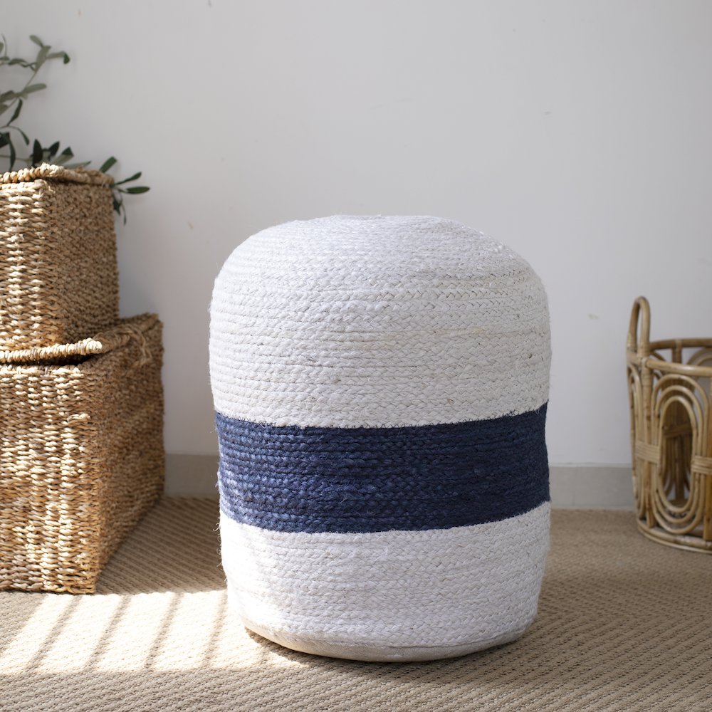 Jute Poufs Jute Blend Indoor Pouf in Brown/Blue,  18" x 18" x 18"