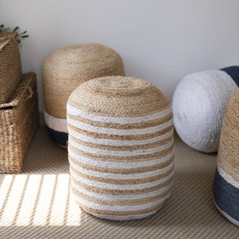 Jute Poufs Jute Blend Indoor Pouf in Brown/Blue,  18" x 18" x 18"