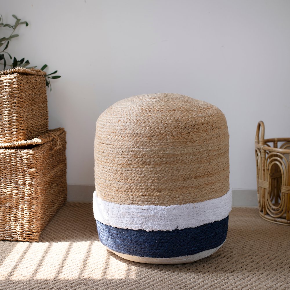 Jute Poufs Jute Blend Indoor Pouf in Brown/Blue,  18" x 18" x 18"