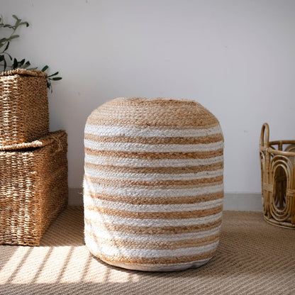 Jute Poufs Jute Blend Indoor Pouf in Brown/White,  18" x 18" x 18"