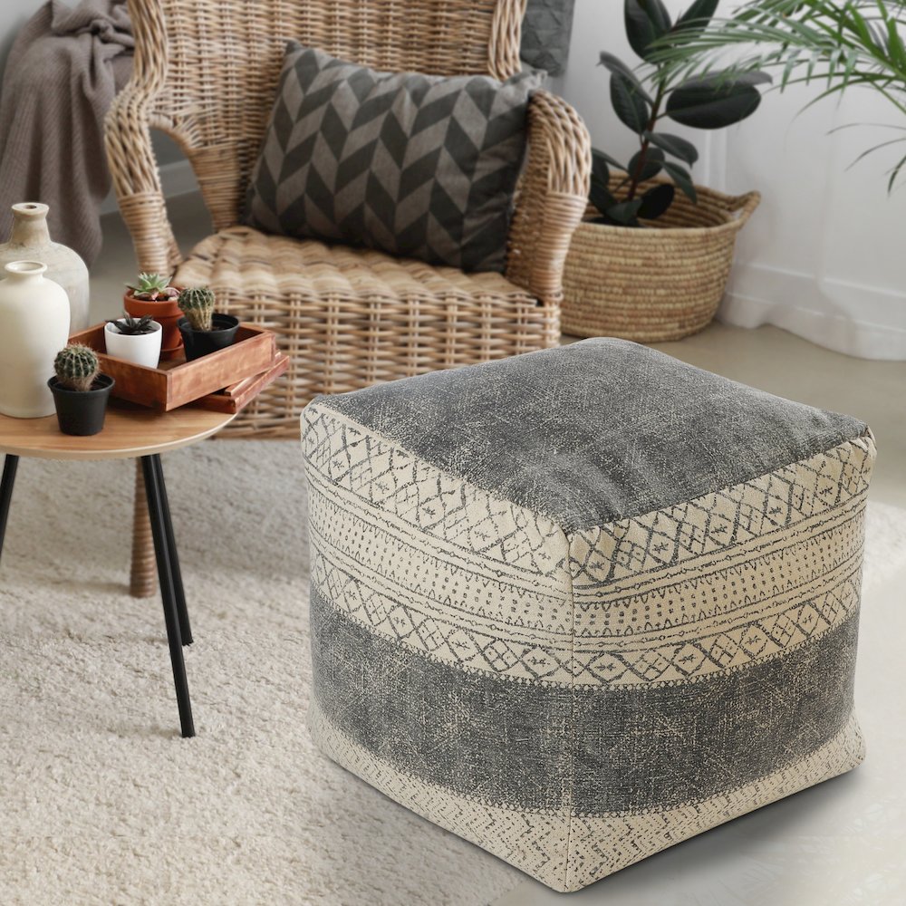 Cream/Gray Tribal Handmade All-Natural Cotton Ottoman Pouf
