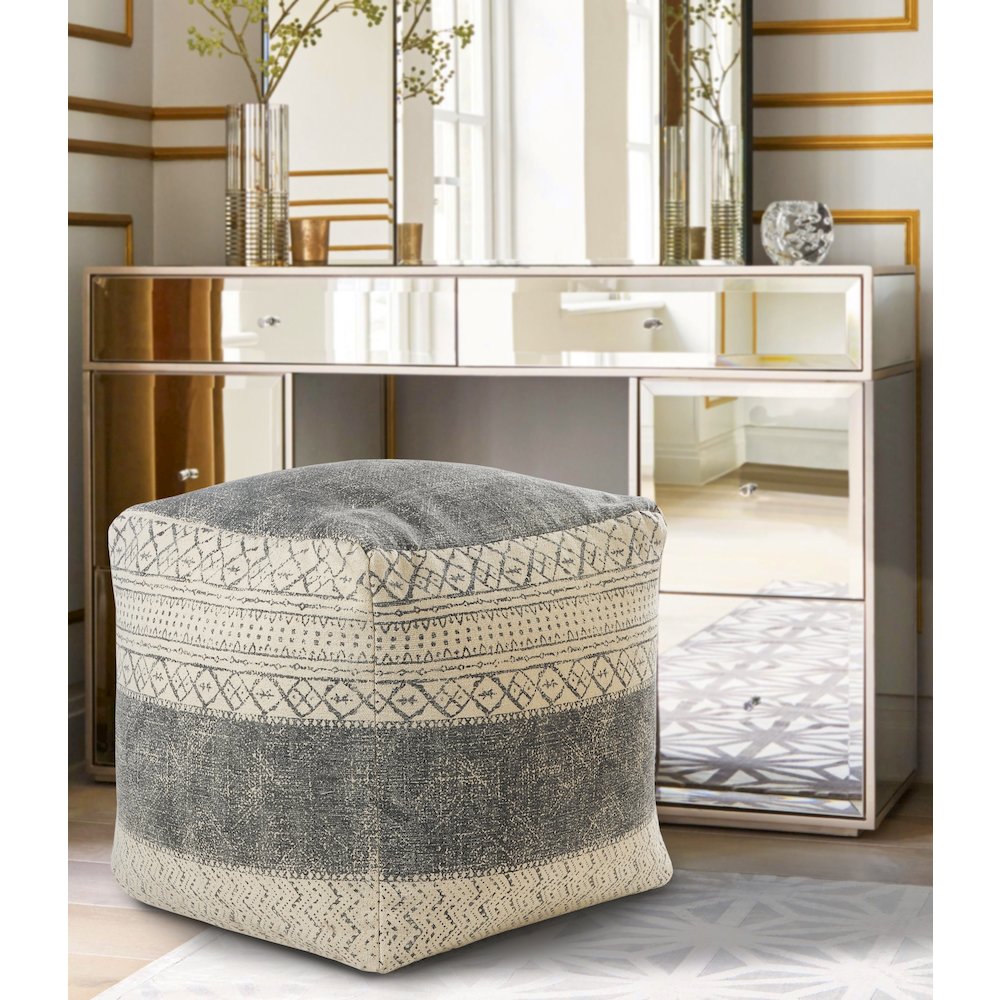 Cream/Gray Tribal Handmade All-Natural Cotton Ottoman Pouf