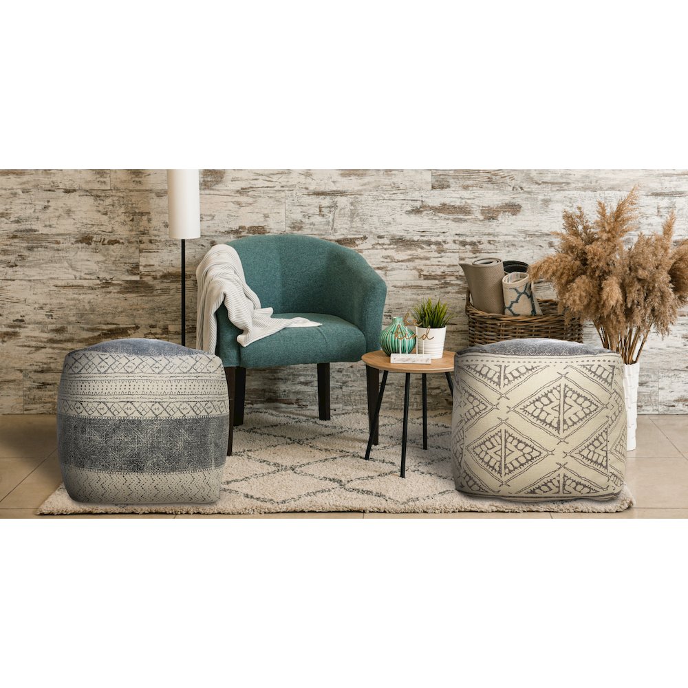 Cream/Gray Tribal Handmade All-Natural Cotton Ottoman Pouf