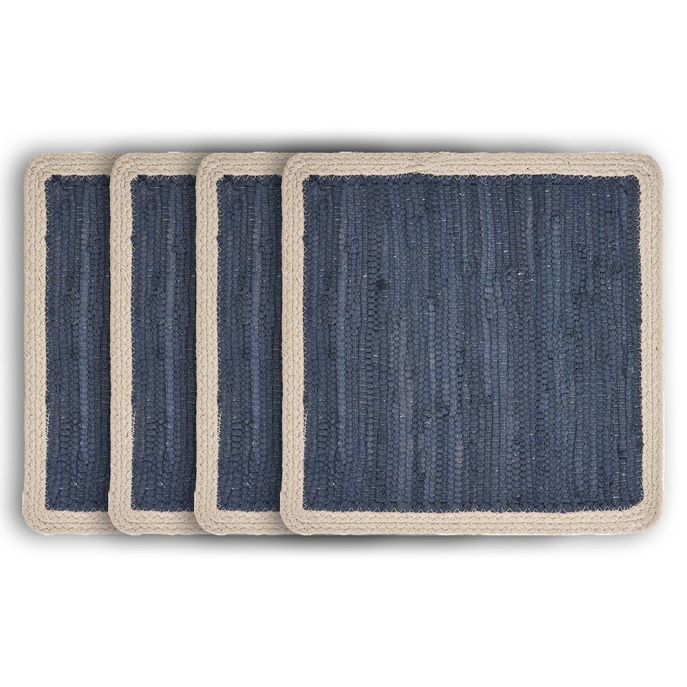 Vitality Indigo Bordered Hand-Loomed Square Placemat, Set of 4