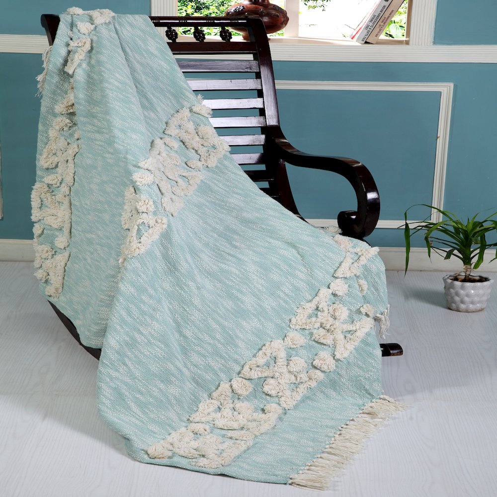 Blue/White Bordered Hand-Woven All-Natural Cotton Throw Blanket
