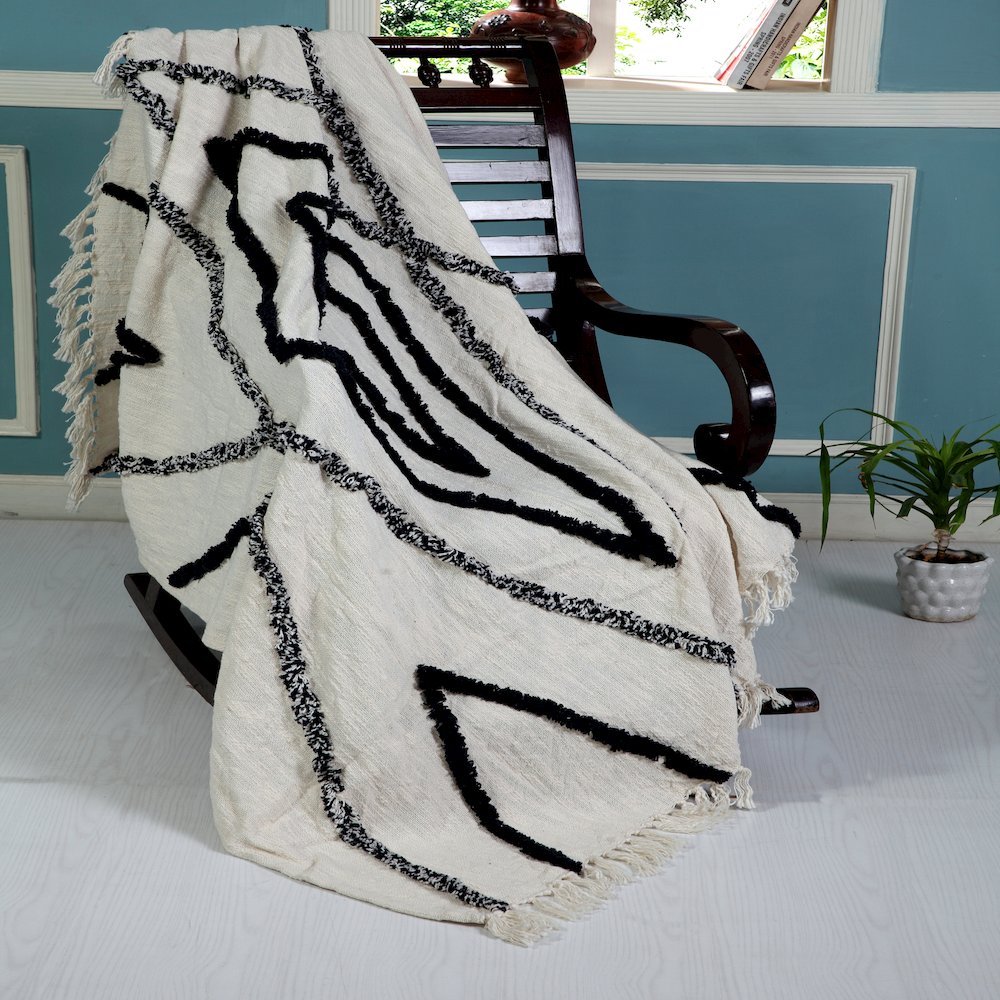 Avant-Garde Cream/Black Geometric Hand-Woven All-Natural Cotton Throw Blanket