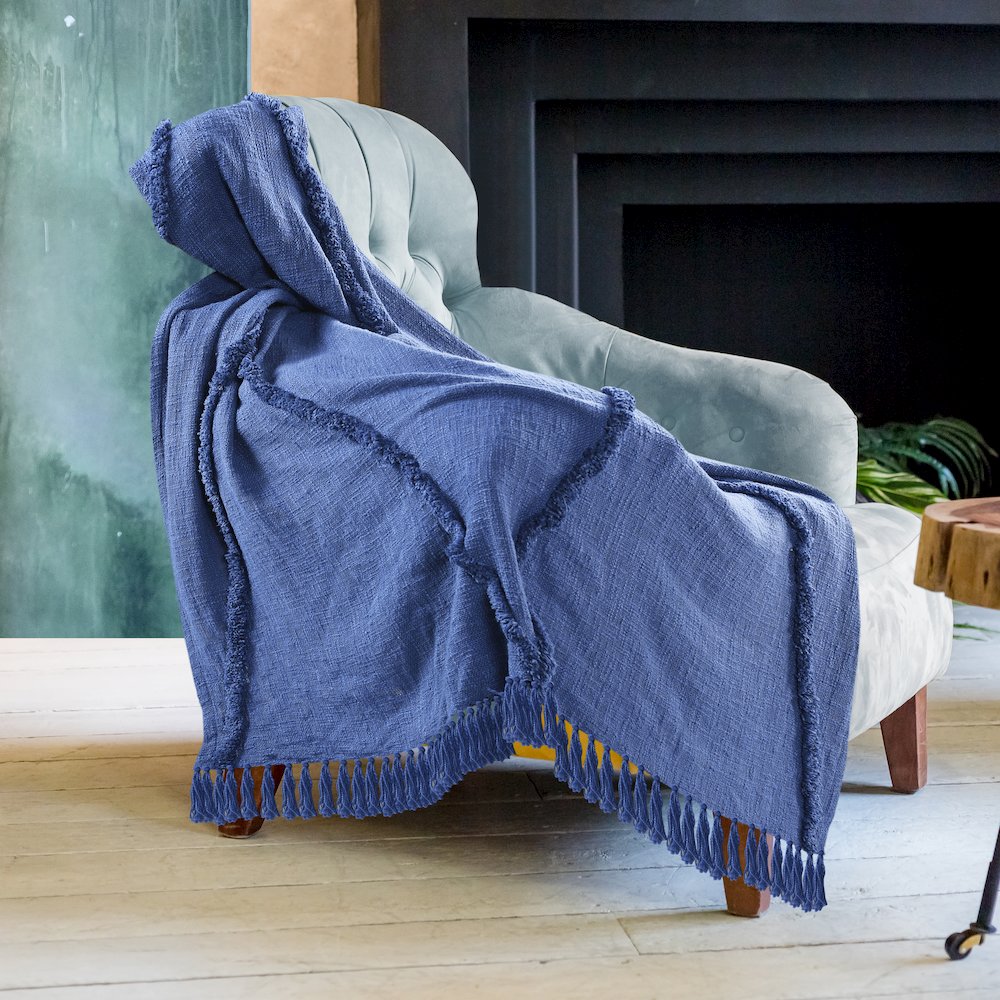 Evette Rios Diamond Tufted All-Natural Cotton Throw Blanket, Navy Blue