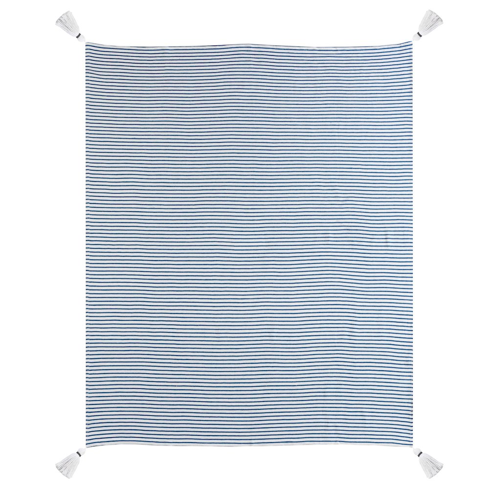 Blue/White Striped Hand-Woven All-Natural Cotton Throw Blanket