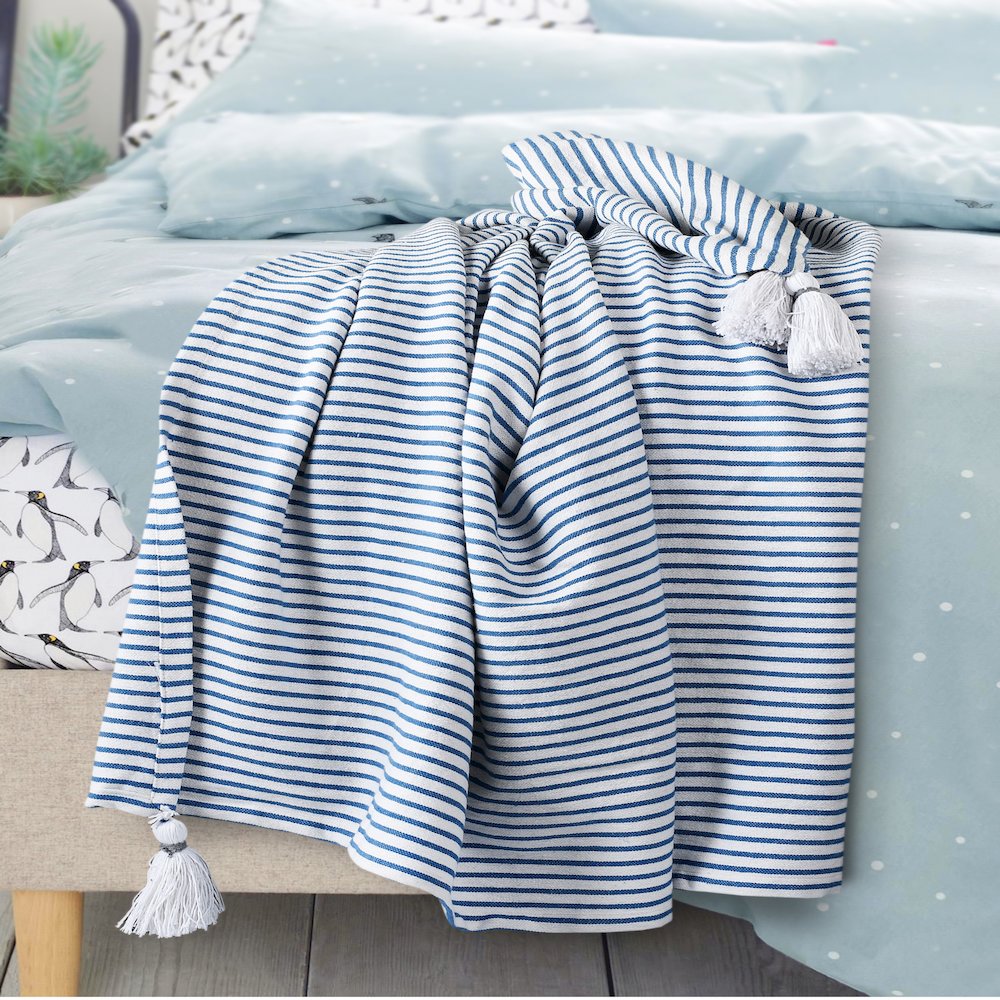 Blue/White Striped Hand-Woven All-Natural Cotton Throw Blanket