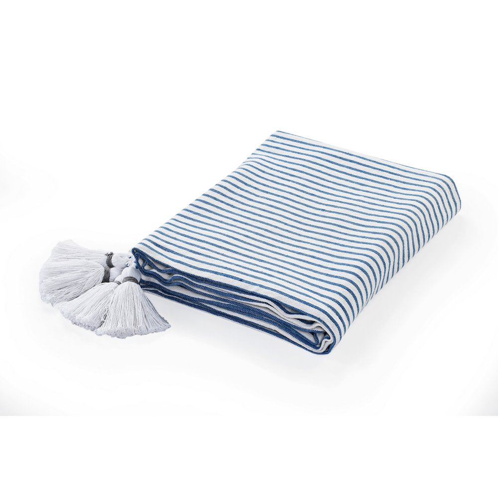 Blue/White Striped Hand-Woven All-Natural Cotton Throw Blanket